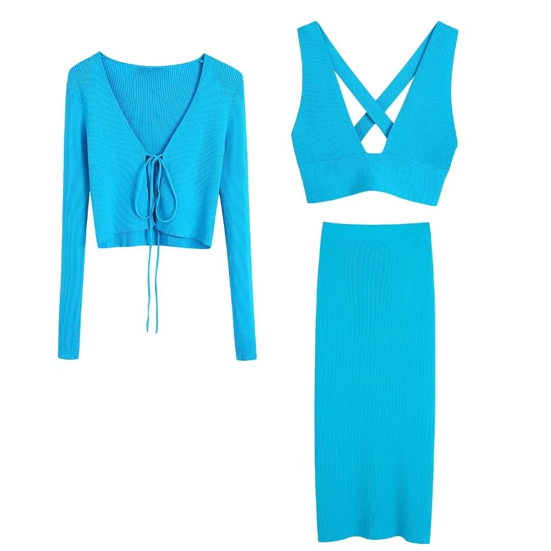 Ribgebreide vest/top/midi-rok of als 3-delige set