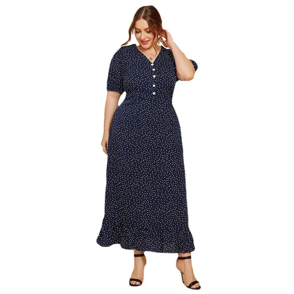 Large Size Women Summer Polka Dot Fashion Short Sleeved Plus Fat Long Fashion Dress JR052