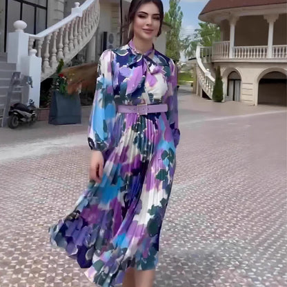 Printed Scarf Neck Elegant Design Dress Spring Fitted Waist New Puff Sleeve