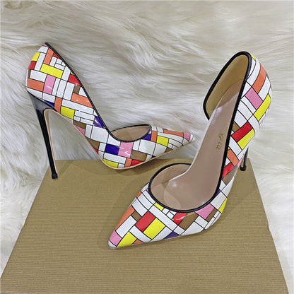 Colored Plaid Empty High Heels Shoes 12cm Pointed Toe Stiletto Pumps