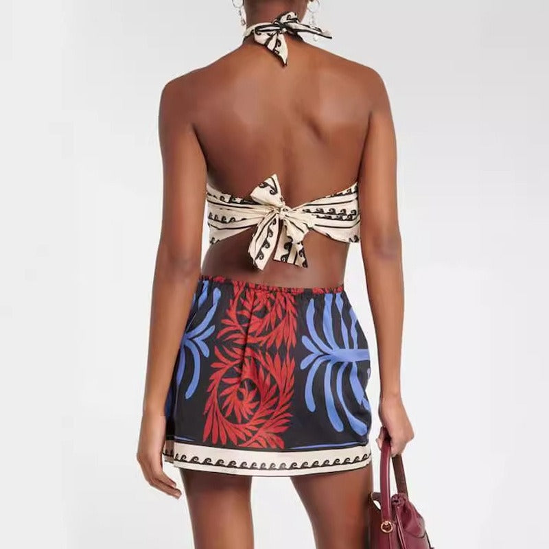 Summer fashion vacation hanging neck backless printed sexy beach skirt dress