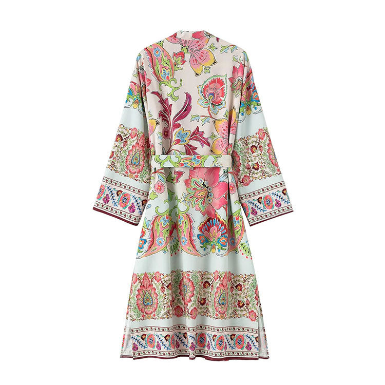 Woman Vintage Floral Print Kimono Dress Women V Neck Sashes Side Split Long Dress Fashion Holiday Boho Dress