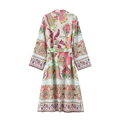 Woman Vintage Floral Print Kimono Dress Women V Neck Sashes Side Split Long Dress Fashion Holiday Boho Dress