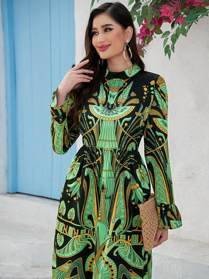 Summer New Middle Eastern Casual Fashion Women's Round Neck Positioning Printed Long Sleeve Long Skirt