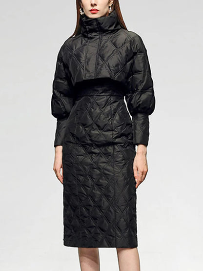 Solid Two Piece Sets For Women Stand Collar Lantern Sleeve Parka O Neck Sleeveless High Waist Dress Chic Set Female