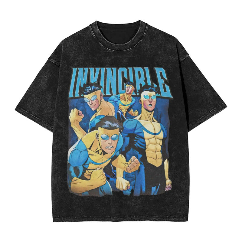 Summer Cartoon Pattern Printed T-Shirt Summer Cotton Washed Vintage Short Sleeve