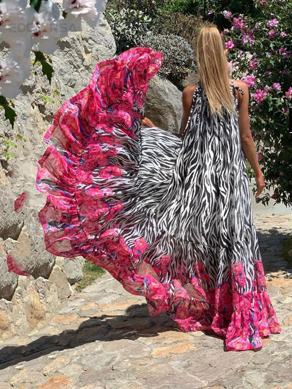 Casual Printed Loose Large Hem Dress Sexy Sleeveless Lady Beach Maxi Dress Summer Fashion Elegant Boho Dresses
