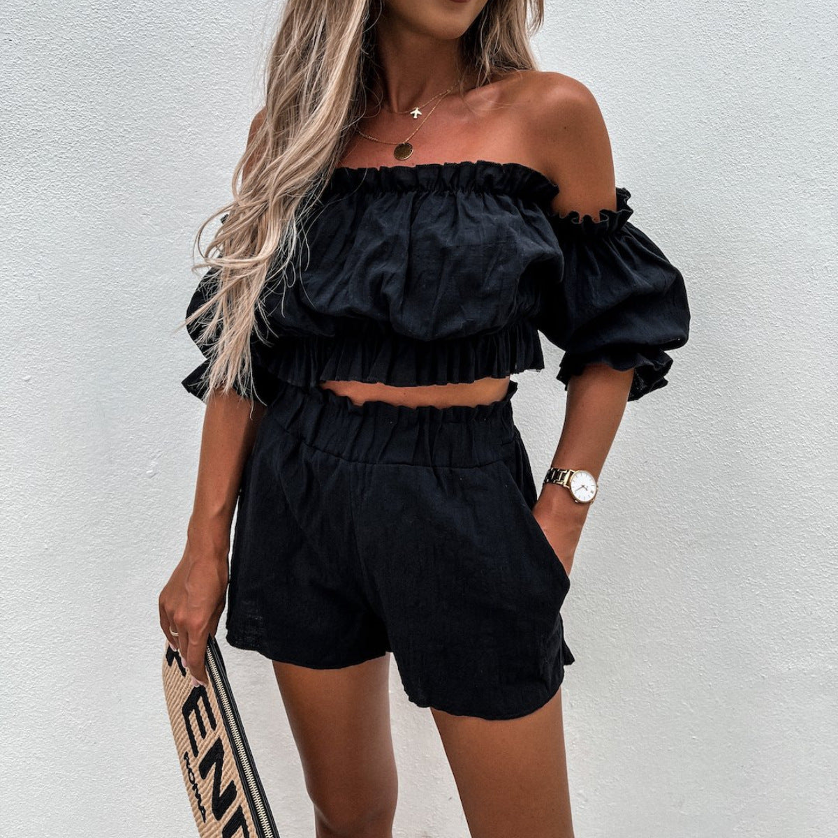 Summer New Casual Short-Sleeved Off-The-Shoulder Suit Solid Color Two-Piece Suit