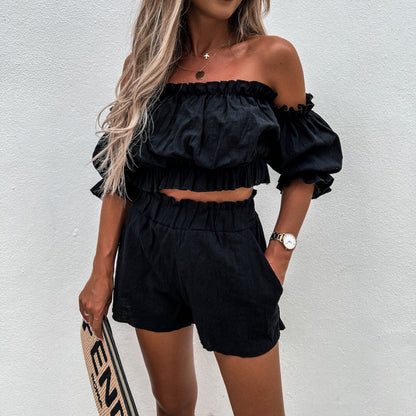 Summer New Casual Short-Sleeved Off-The-Shoulder Suit Solid Color Two-Piece Suit