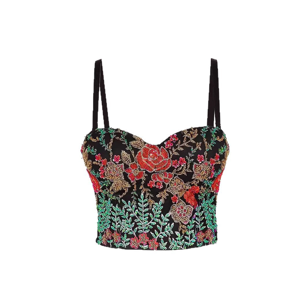Sexy Spaghetti Strap Bustier with Color Block Embroidery and Boning for Women