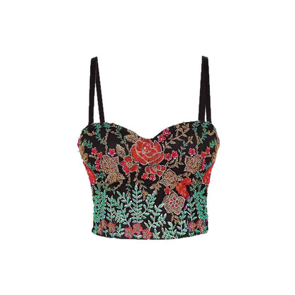 Sexy Spaghetti Strap Bustier with Color Block Embroidery and Boning for Women