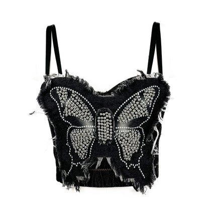 Cross-border Butterfly Strapless Bra with Unique High-end Feel, Fitted Spliced Denim Boned Bustier Camisole