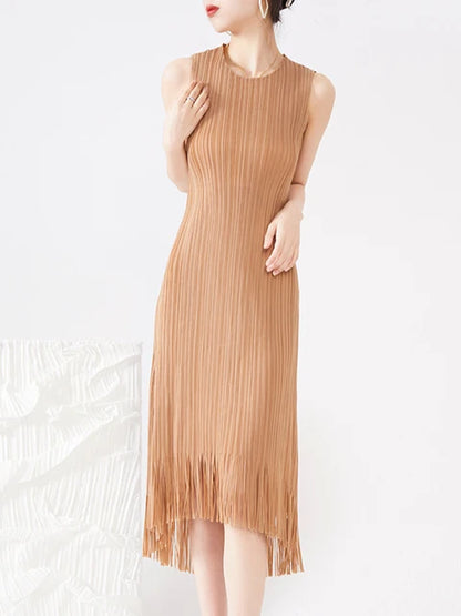 Pleated Dress Women Sleeveless Straight Tassel Summer New Temperament High-end Long Dresses Female Elegant