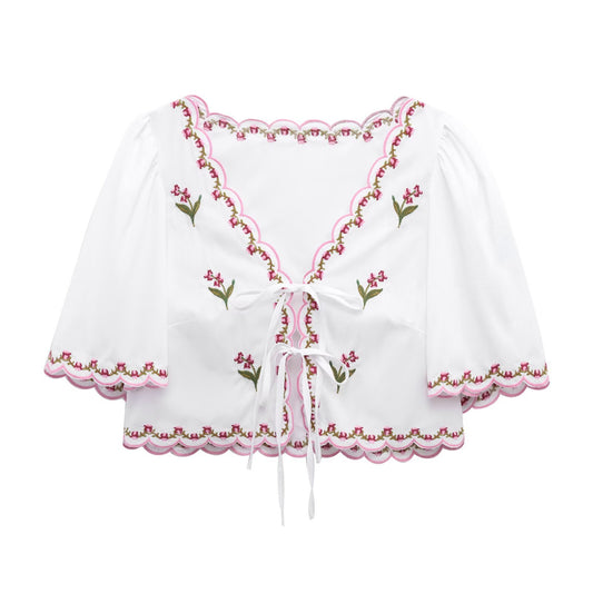 Floral Embroidered Poplin Top Short Sleeve Shirt Top for Women