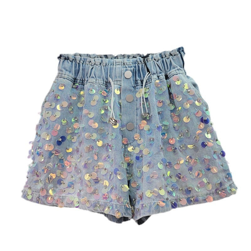 Summer new handmade beaded high waist slimming wide leg denim shorts for women