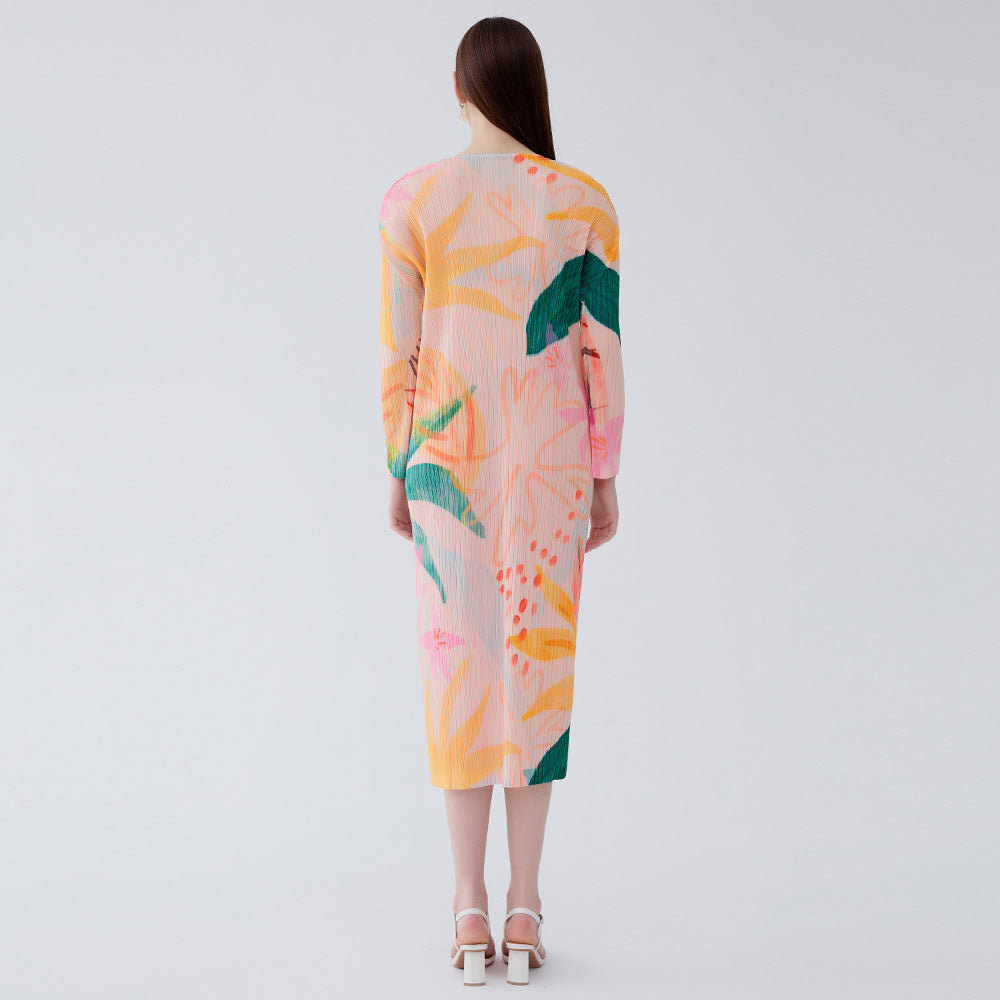 Women's spring and summer temperament waist printed floral pleated A-line long-sleeved dress