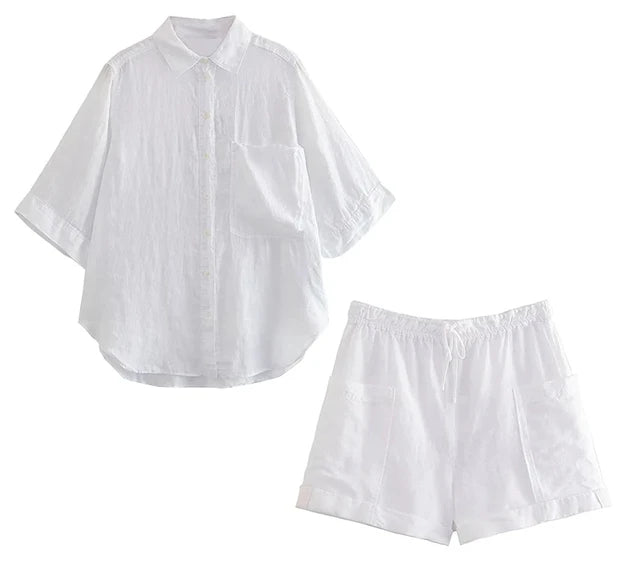 Fashion Cotton Linen Shorts Sets Women Summer Solid Single Breasted Lapel Blouse Wide Leg Elastic Waist Short Pant 2 Pieces Sets