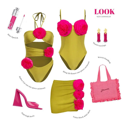 Women Swimwear Color Block 3D Flower One Piece Swimsuit and Skirt  Bikini Sets Beachwear Bathing Suit