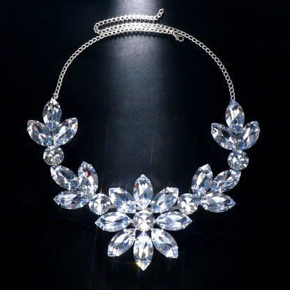 Flower Pendant Exaggerated Rhinestone Necklace Wedding for Women Statement Chain Large Crystal Collar Choker Party Jewelry