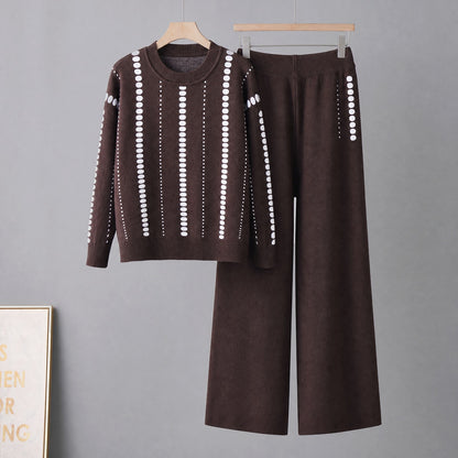 Round Neck Pocket Sweater  Loose Casual Wide-Leg Pants for Women