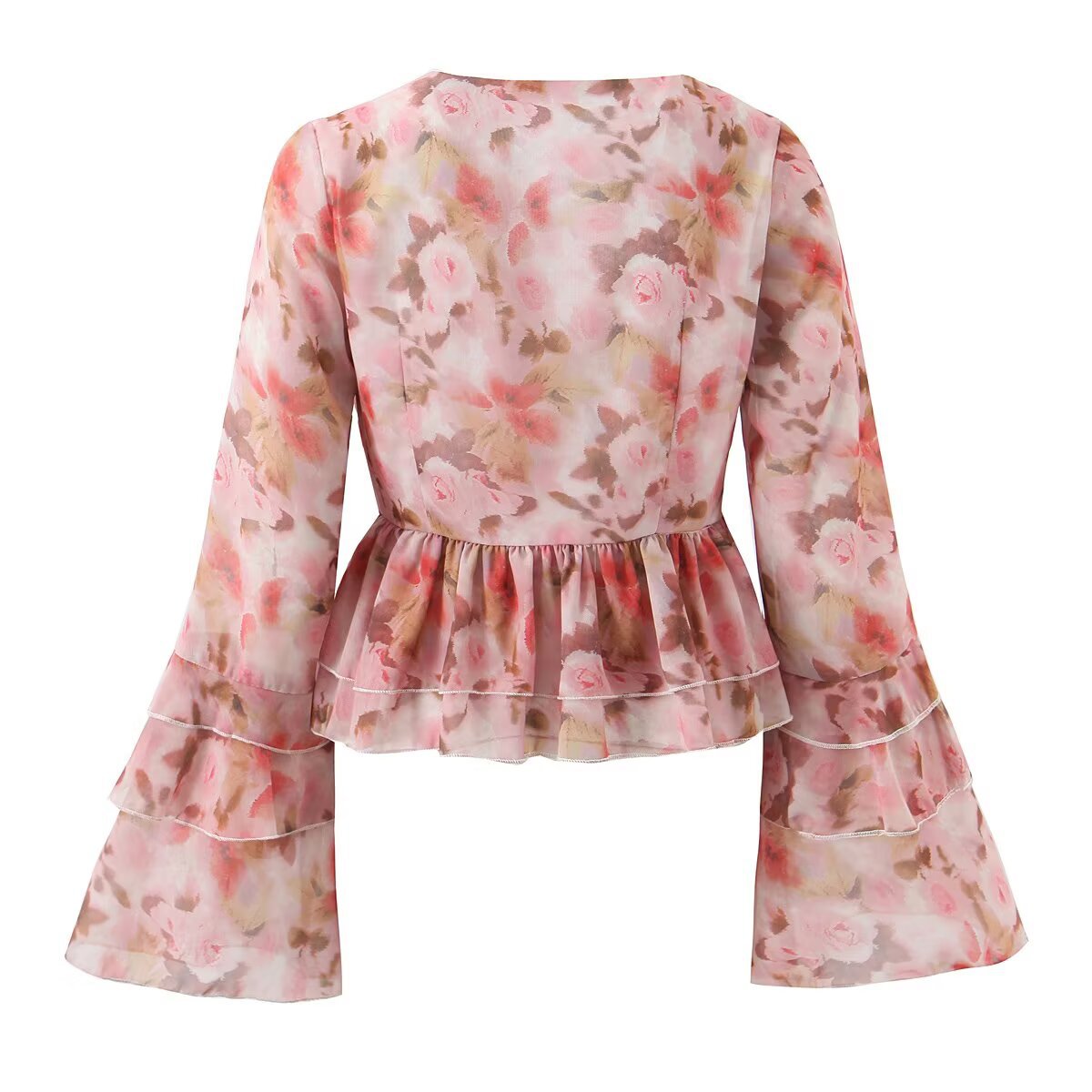 New Women's Fashionable Chic French Flared Sleeve Tie-Print Blouse