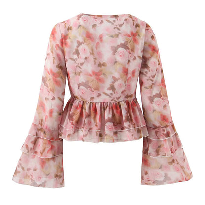 New Women's Fashionable Chic French Flared Sleeve Tie-Print Blouse