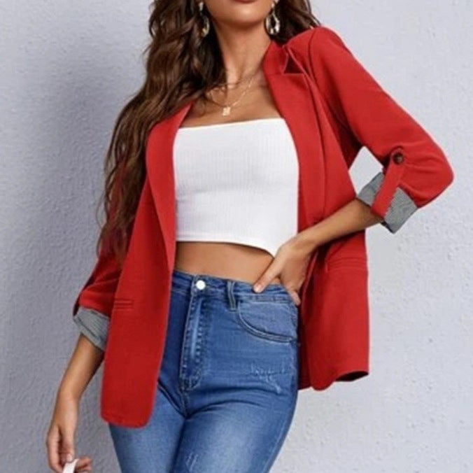 Fashionable Patchwork Notch Lapel Slim Fit Cardigan Suit Coat for Women Autumn Winter Season