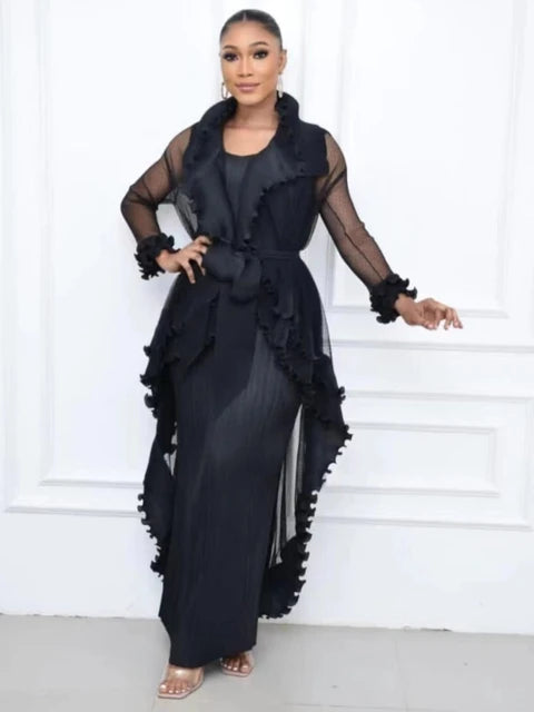 Heavy Industry Pleated Set Solid Flounced Edge Full Sleeved Sexy Evening Party Two Piece Sets for Women