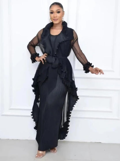 Heavy Industry Pleated Set Solid Flounced Edge Full Sleeved Sexy Evening Party Two Piece Sets for Women