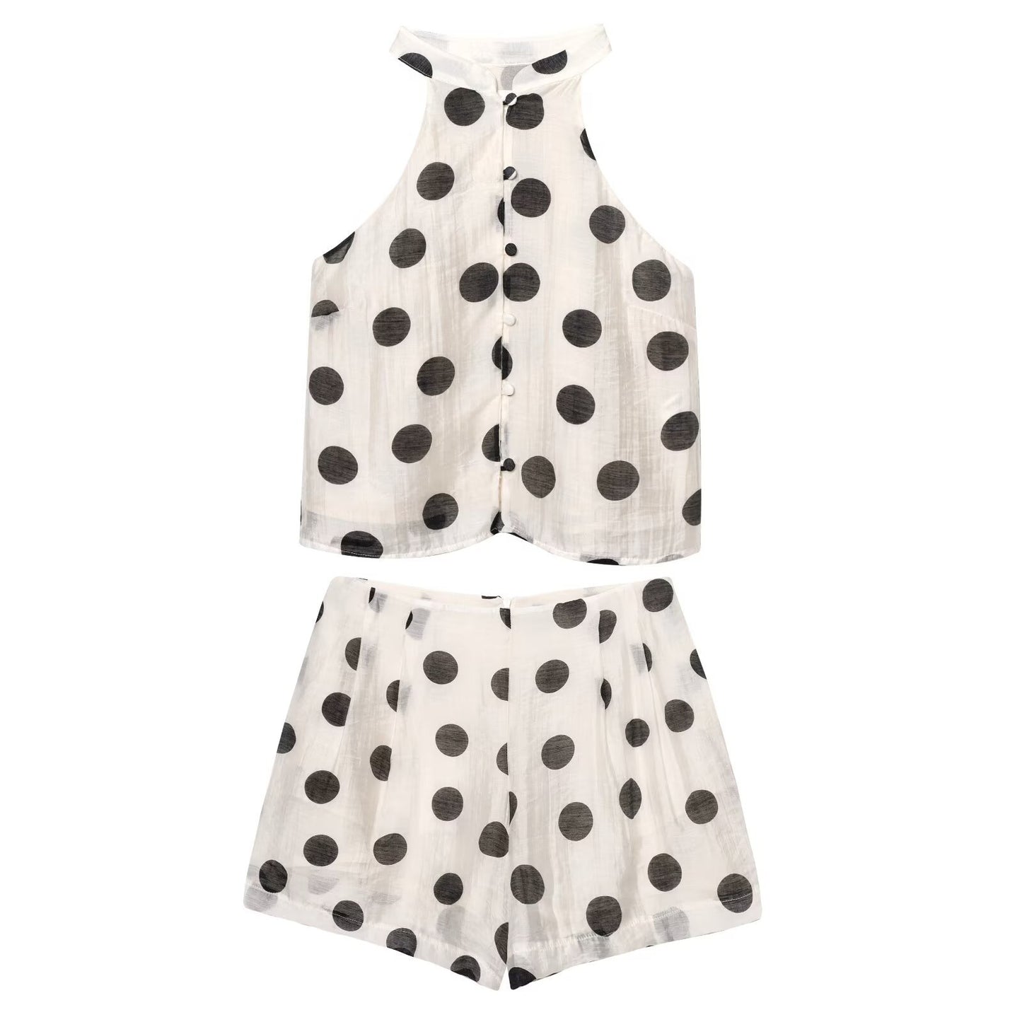 Polka neck top+casual shorts set for women