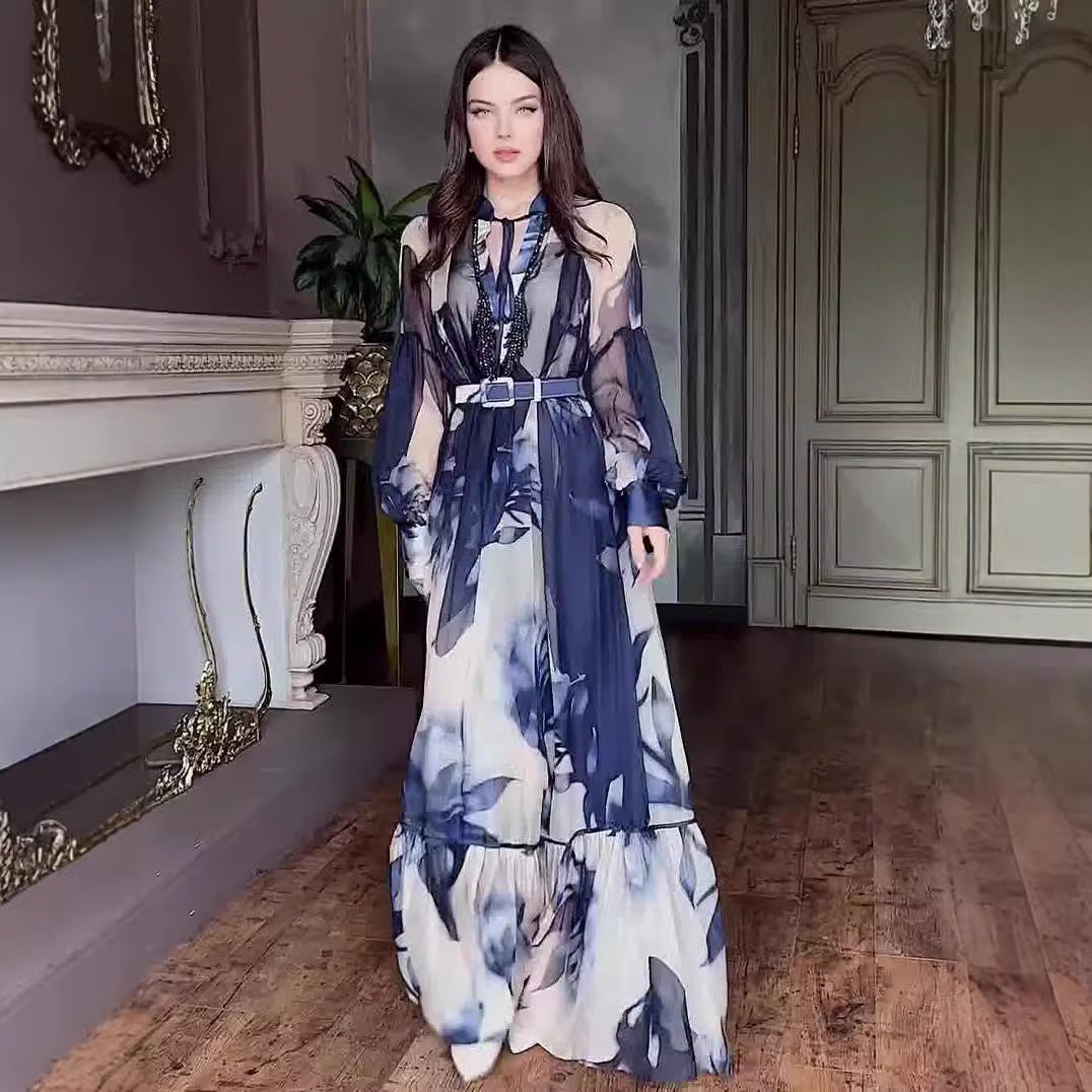 Printed long sleeved elegant slim fit women's dress