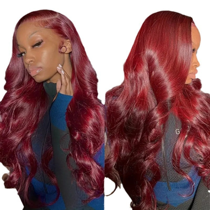 Lang krullend wijnrode synthetische lace wig