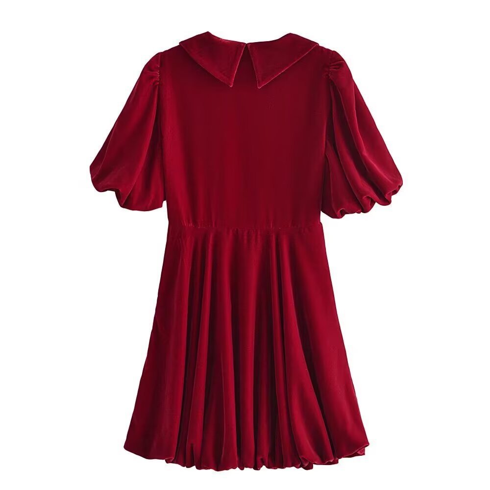 V-neck red velvet puffy sleeve jumpsuit short skirt