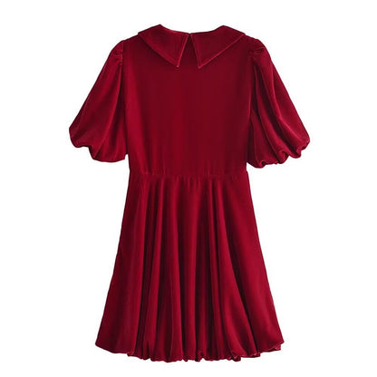 V-neck red velvet puffy sleeve jumpsuit short skirt