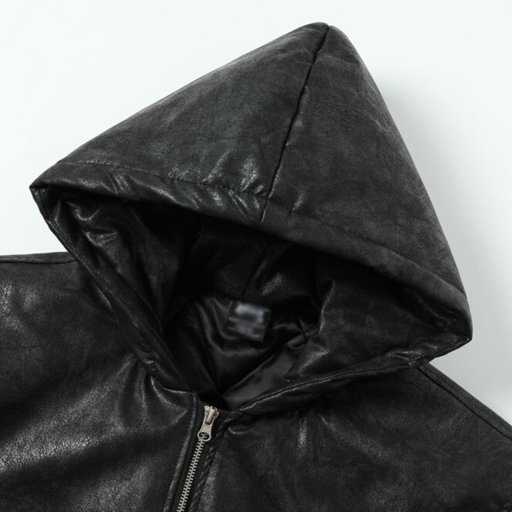 Letter embroidery hooded leather jacket
