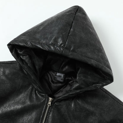 Letter embroidery hooded leather jacket