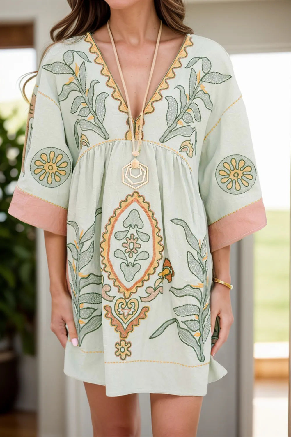 Beautiful women's summer retro loose V-neck dress