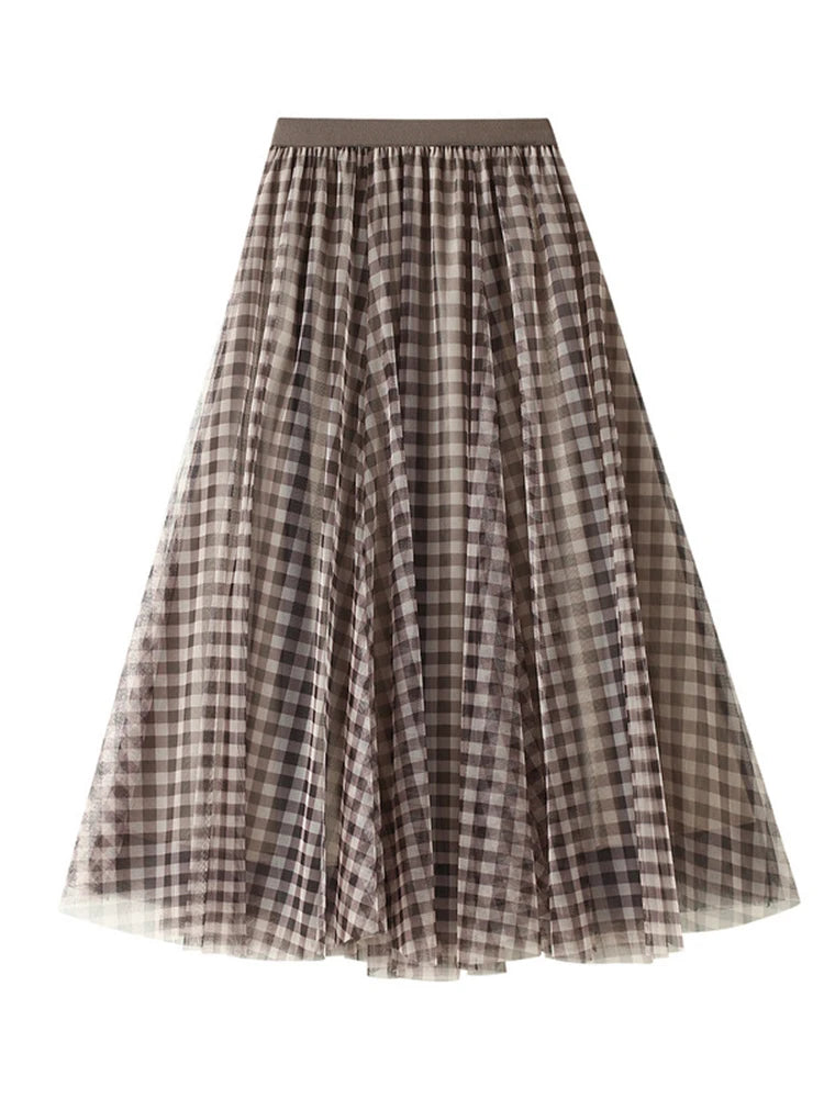 Qooth Women Patchwork Plaid Mesh Skirt Vintage High Waist Long Tulle A-line Skirt For Spring Summer