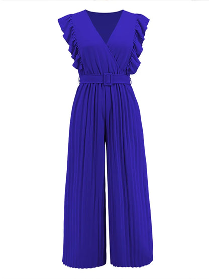 Geplooide jumpsuit met ceintuur en korte ruches mouwen