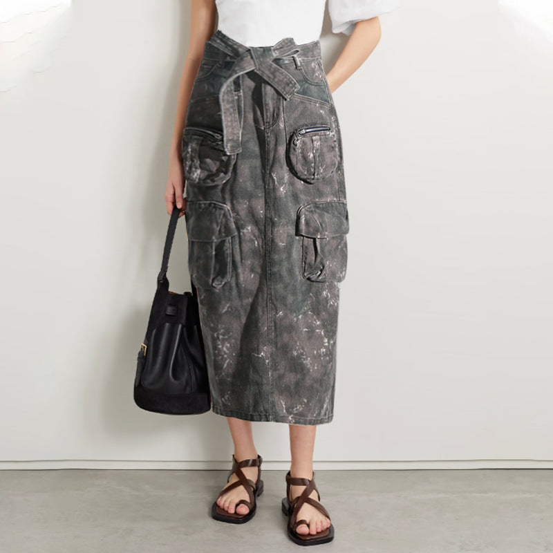 Veelzijdige cargo denim camouflageprint midi-rok met zakken split en ceintuur