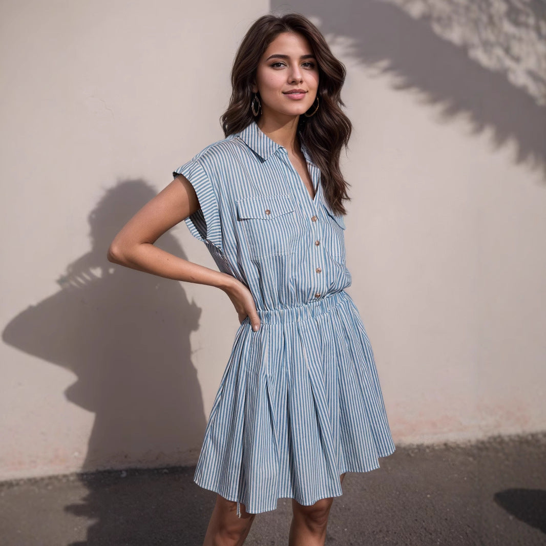 Short sleeved blue striped lapel shirt dress