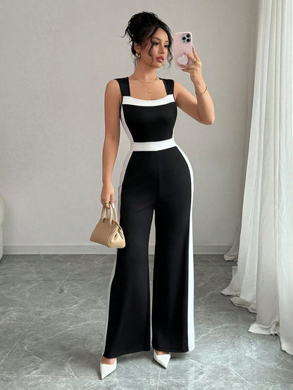 Color blocked sleeveless wide leg jumpsuit