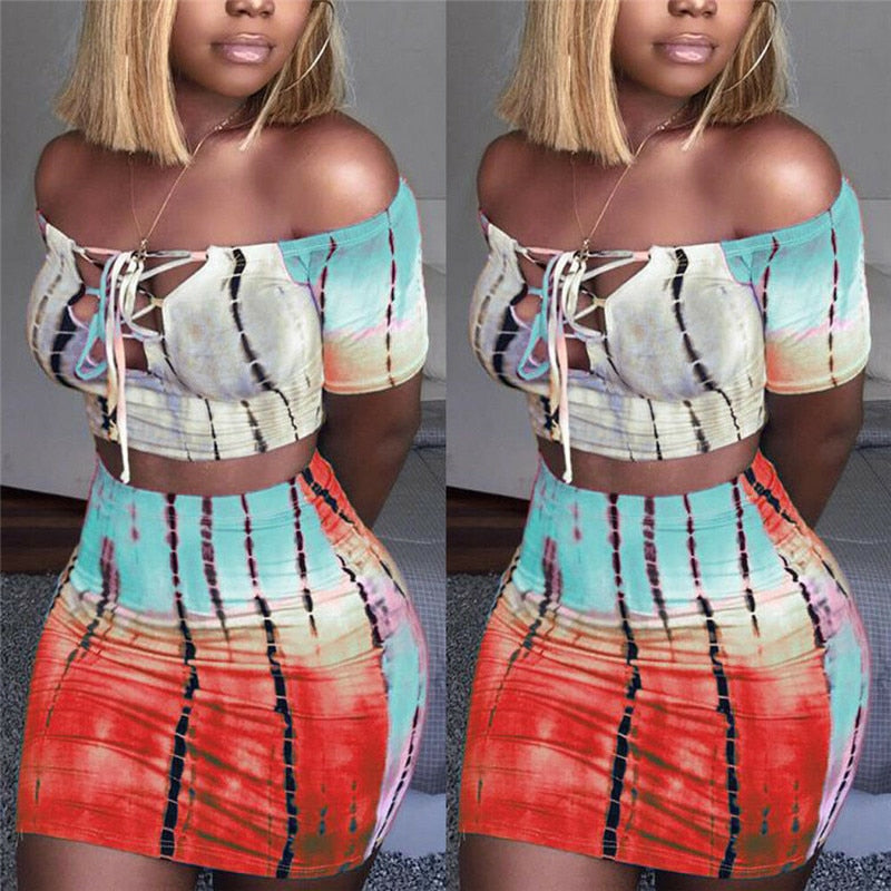 Sexy Women 2 Piece Outfits Set Off Shoulder Crop Top and Bodycon Mini Skirt Female Suit Summer Slim Party Club Clothing
