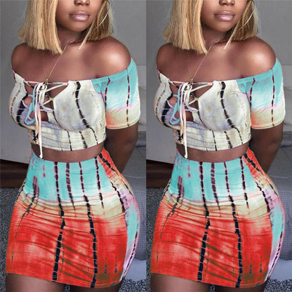 Sexy Women 2 Piece Outfits Set Off Shoulder Crop Top and Bodycon Mini Skirt Female Suit Summer Slim Party Club Clothing