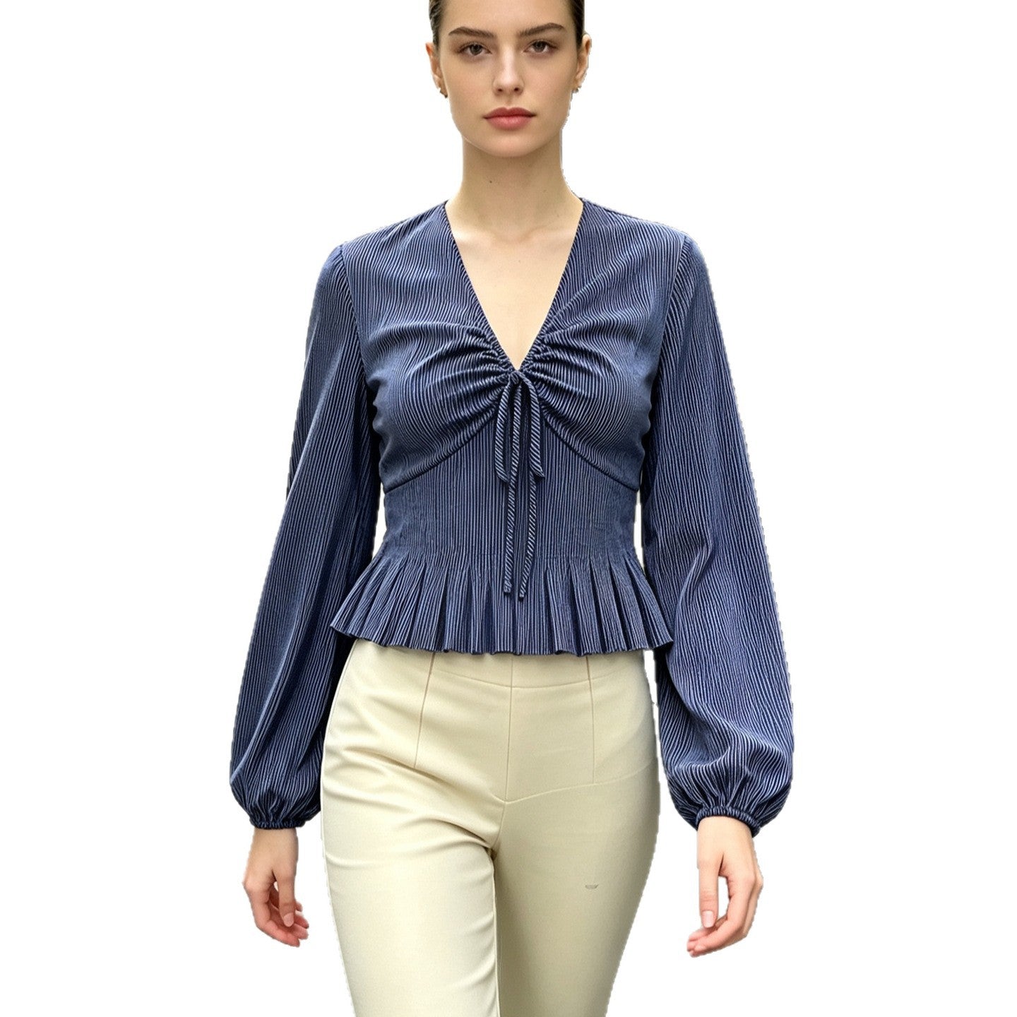Stripe Blouse for Women V-Neck Ruffle Bow Puff Sleeve Elegant Date Top