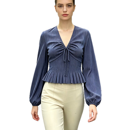 Stripe Blouse for Women V-Neck Ruffle Bow Puff Sleeve Elegant Date Top