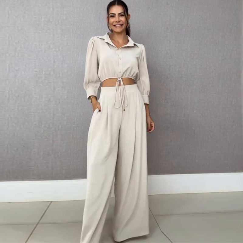 Drawstring Short Shirt Wide Leg Pants Set