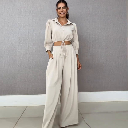 Drawstring Short Shirt Wide Leg Pants Set
