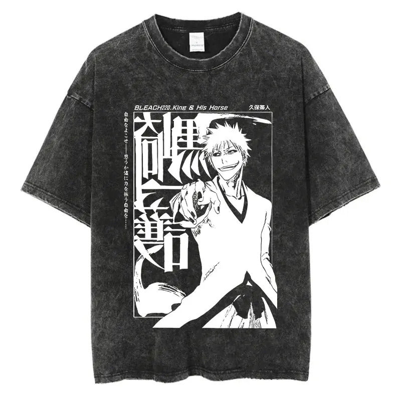 Anime Printed T-Shirt Summer Cotton Washed Vintage Short Sleeve