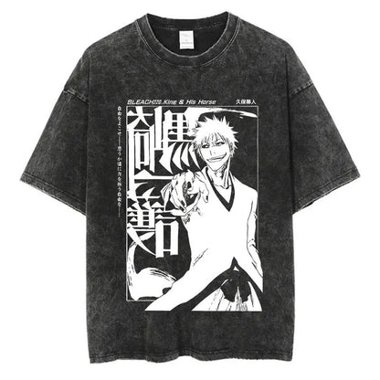 Anime Printed T-Shirt Summer Cotton Washed Vintage Short Sleeve